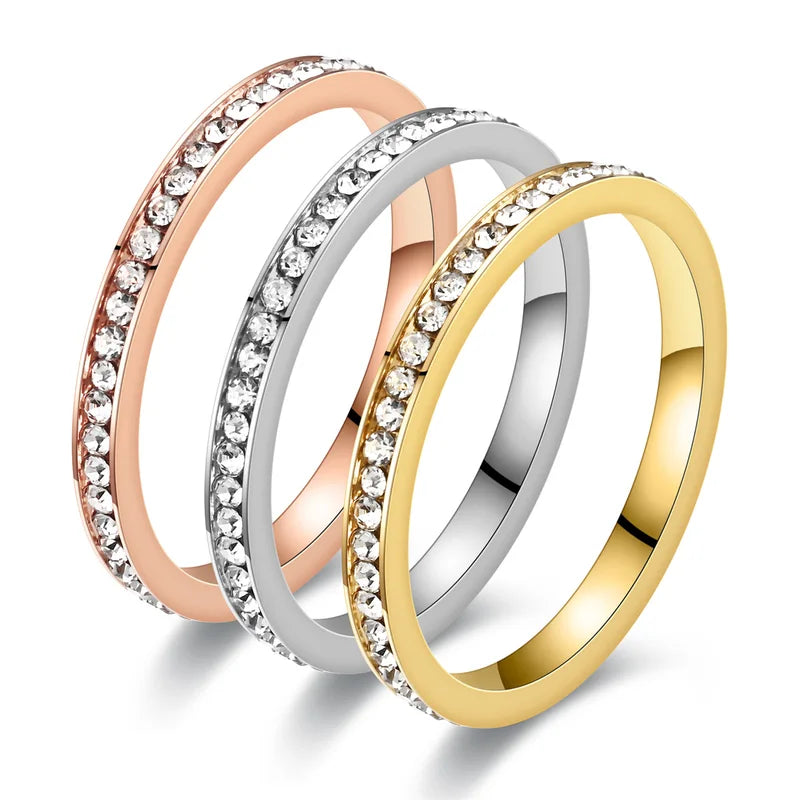 2mm Iced Out Bling Ring for Women Silver Plated Stainless Steel Engagement Jewelry