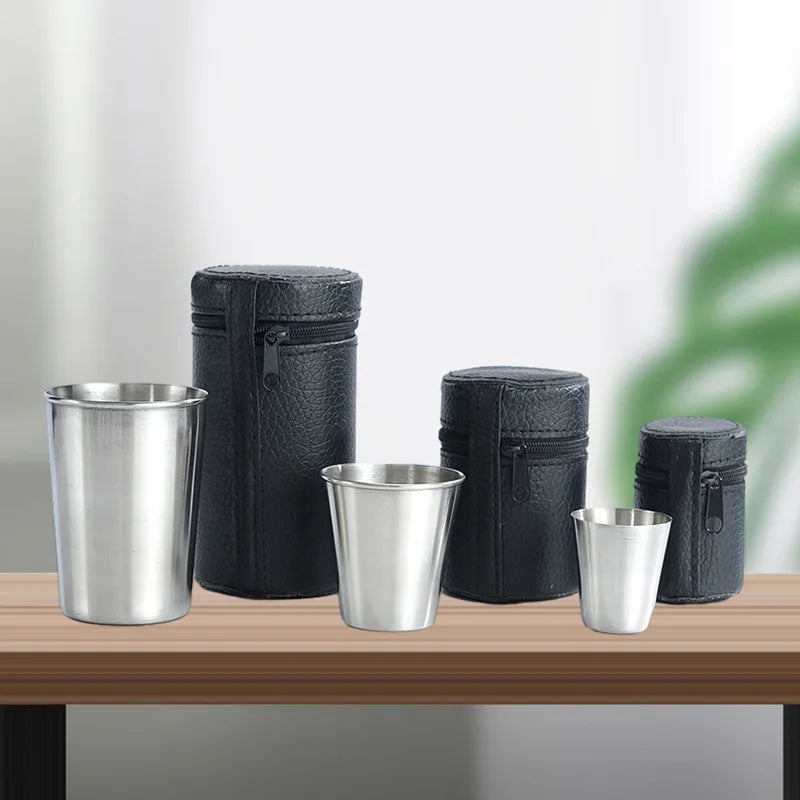 4Pcs Portable Stainless Steel Drinkware Set - Mini Cups for Whisky Wine with Case