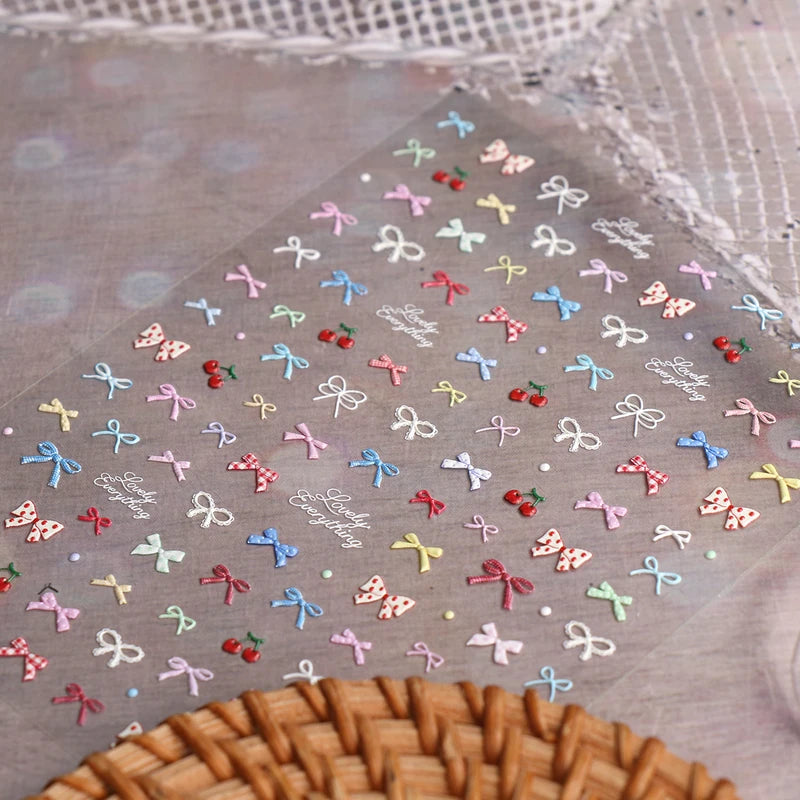 5D Embossed Bow & Cherry Nail Stickers - Textured Decals for DIY Manicure & Party