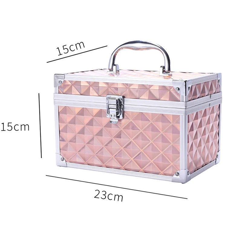 Diamond Patterned Makeup Train Case with Mirror - Double Layer Cosmetic Organizer for Sponges and Skincare