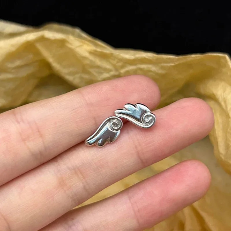 Angel Wings Earrings - Frosted Silver Studs for Women, Vintage Y2K Jewelry