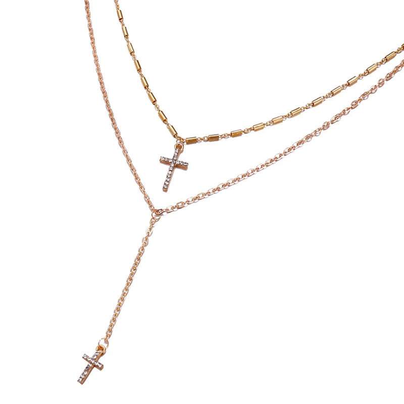 Gold-Plated Crystal Cross Necklace Pendant Double Layered Religious Jewelry