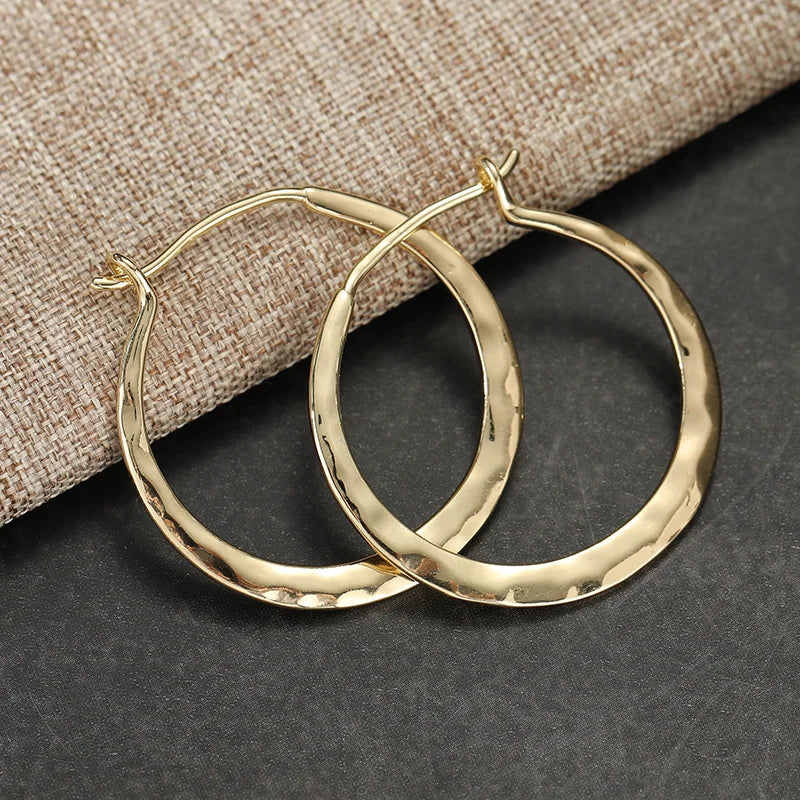 Large Gold Plated Hoop Earrings for Women - Vintage Hammer Pattern Jewelry