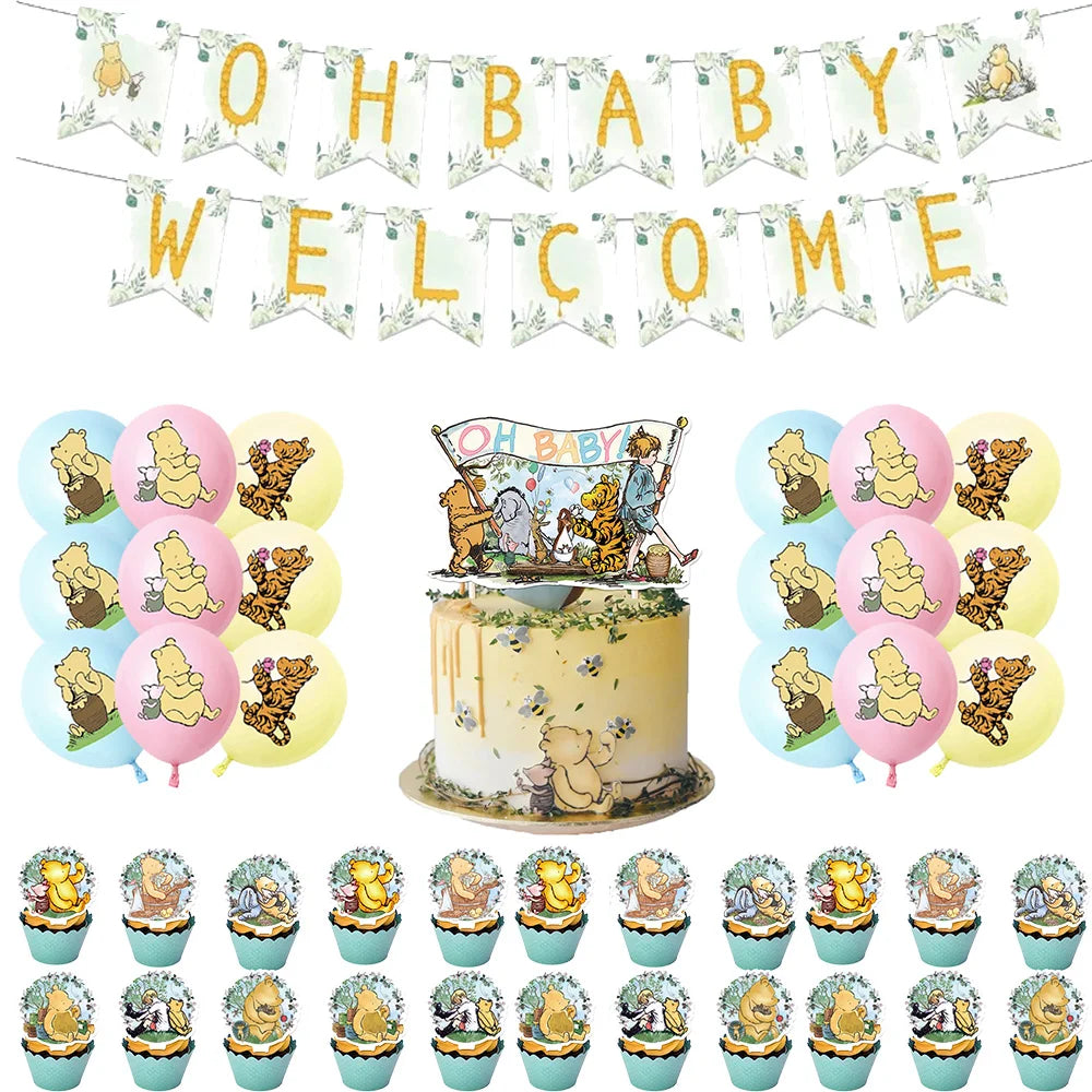 Winnie the Pooh Birthday Party Supplies Set – Disposable Plates Cups Napkins Banners for Kids & Baby Showers