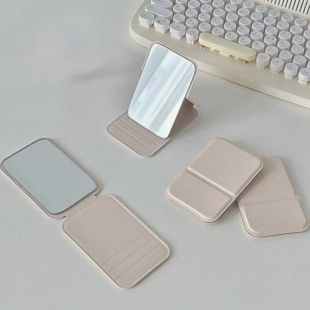 Foldable Portable Makeup Mirror with PU Leather Cover – Compact Handheld Cosmetic Mirror for Students