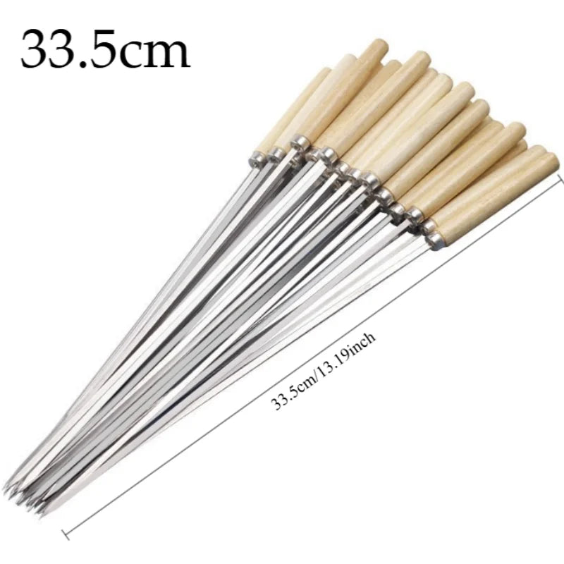 Reusable Stainless Steel BBQ Skewers with Wooden Handles - Heat-Resistant & Anti-Scalding, 5/10 Pack