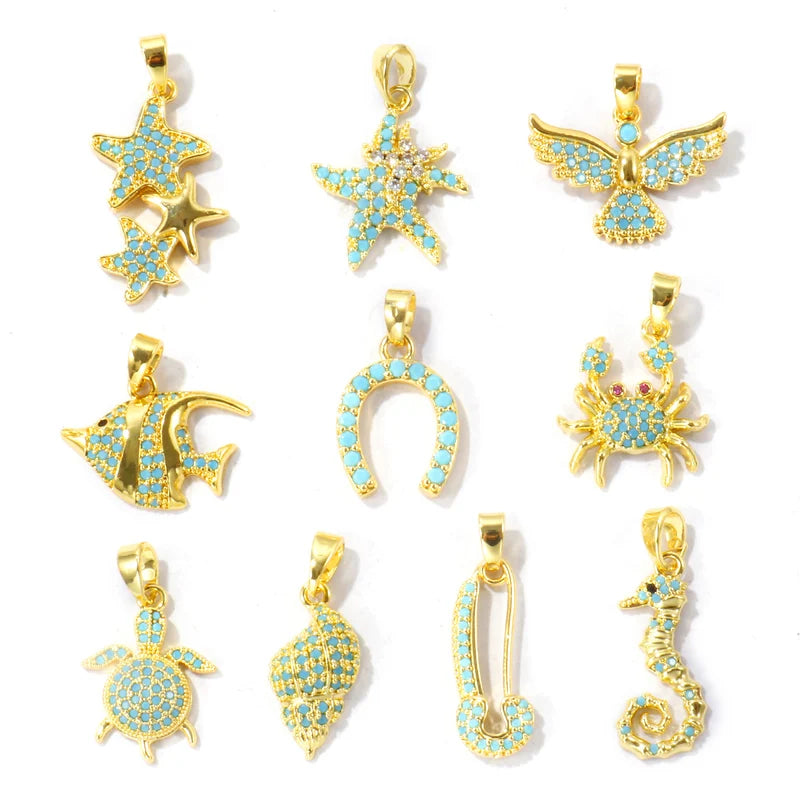 2pcs Micro Pave Blue Cubic Zirconia Charms Horseshoe Fish Animal Pendant Jewelry