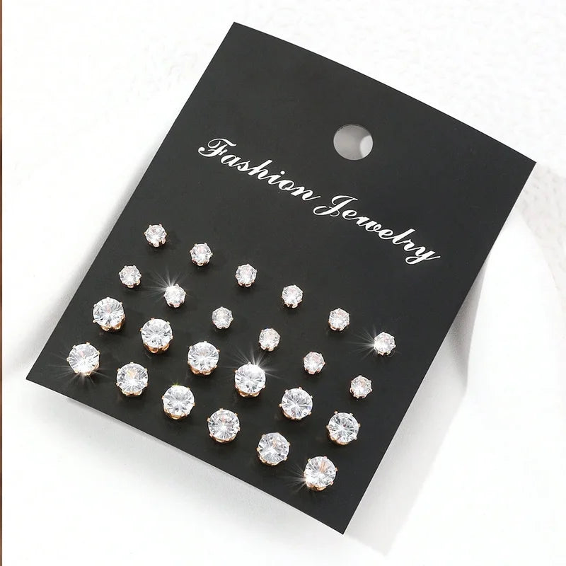12 Pairs Cubic Zirconia Stud Earrings Set