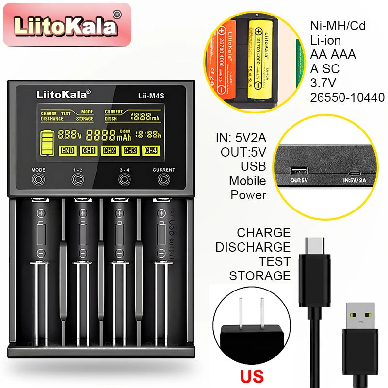 Smart 4-Channel Battery Charger with LCD & USB Power Bank for Li-ion Batteries