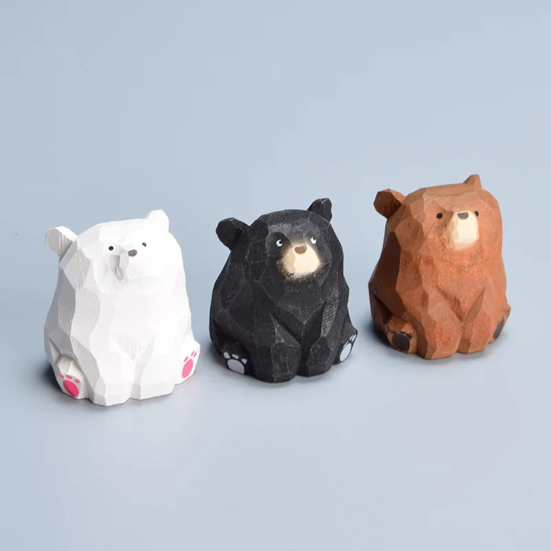 Wooden Bear Miniatures Set - Carved Solid Wood Figurines for Crafts & Decor