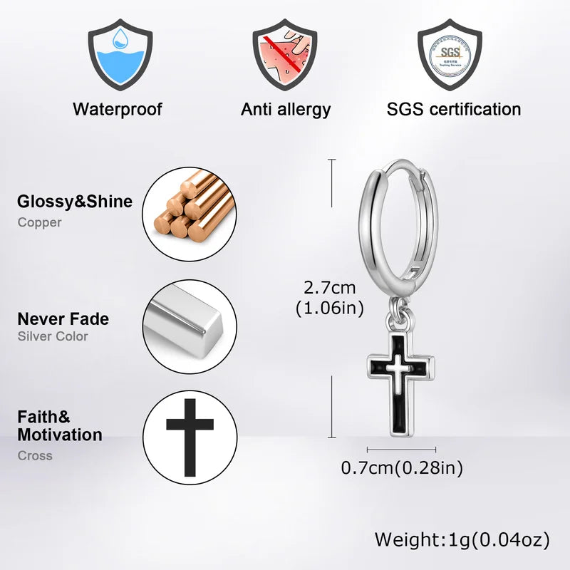 Silver Cross Hoop Earrings for Men Boys - Dangle Drop Jewelry Gift