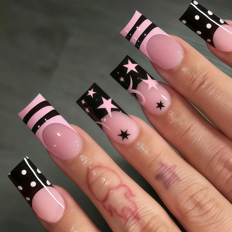 24Pcs Press On Nails Set - Punk Vine Striped Pink Black French Polka Dots