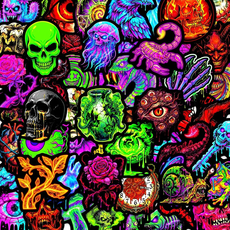 Fluorescent Skull Demon Horror Stickers - 50 Pack for Helmets, Phones, Luggage, & More