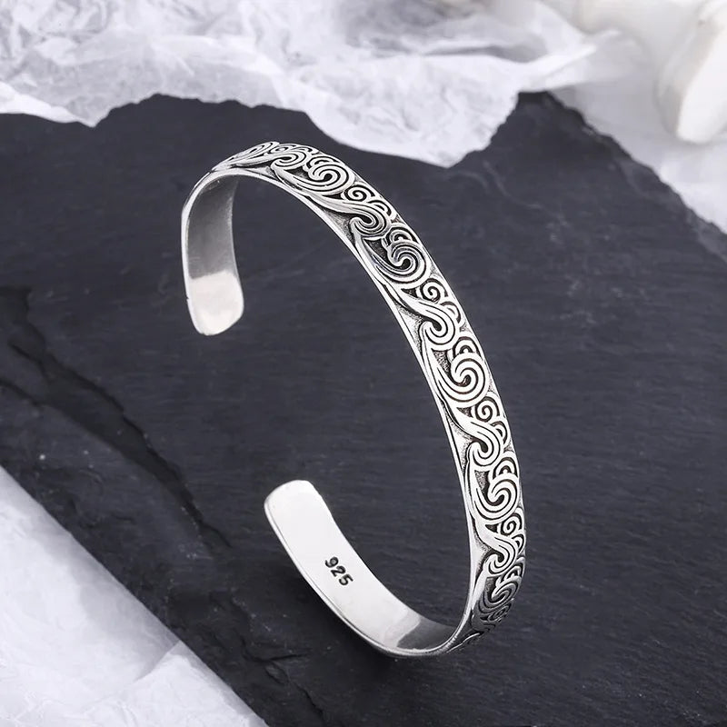 Retro Wave Sterling Silver Bracelet - Cloud Design Bangles for Women