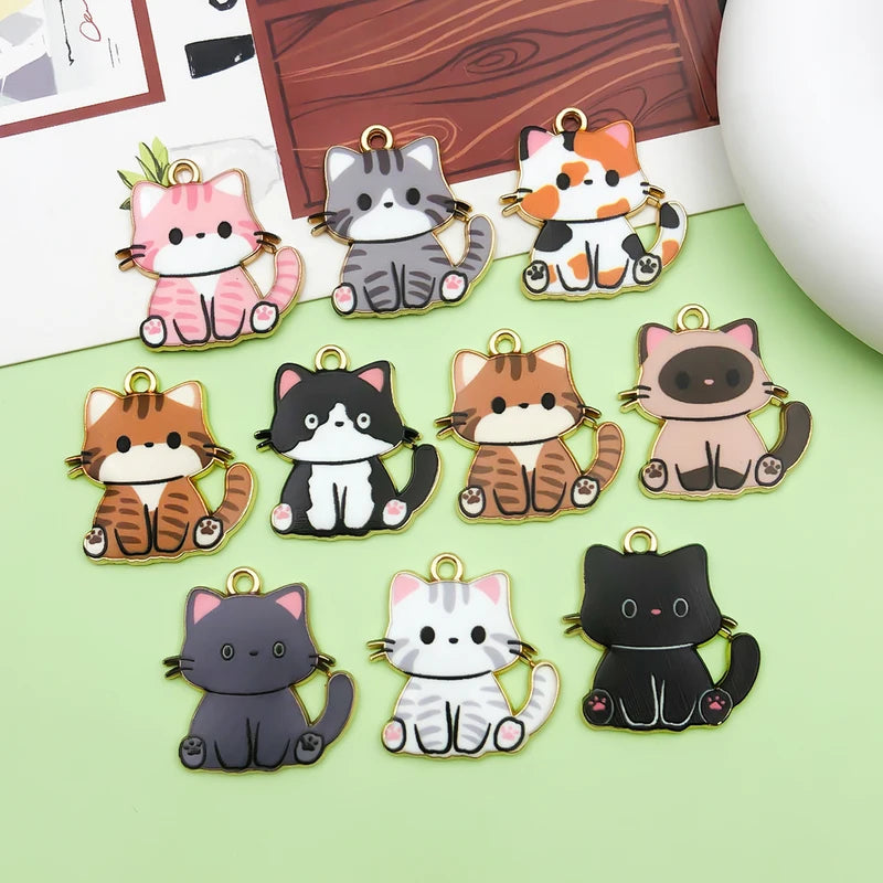 10pcs Enamel Cat Charm Set for Jewelry Making - Cartoon Animal Pendants