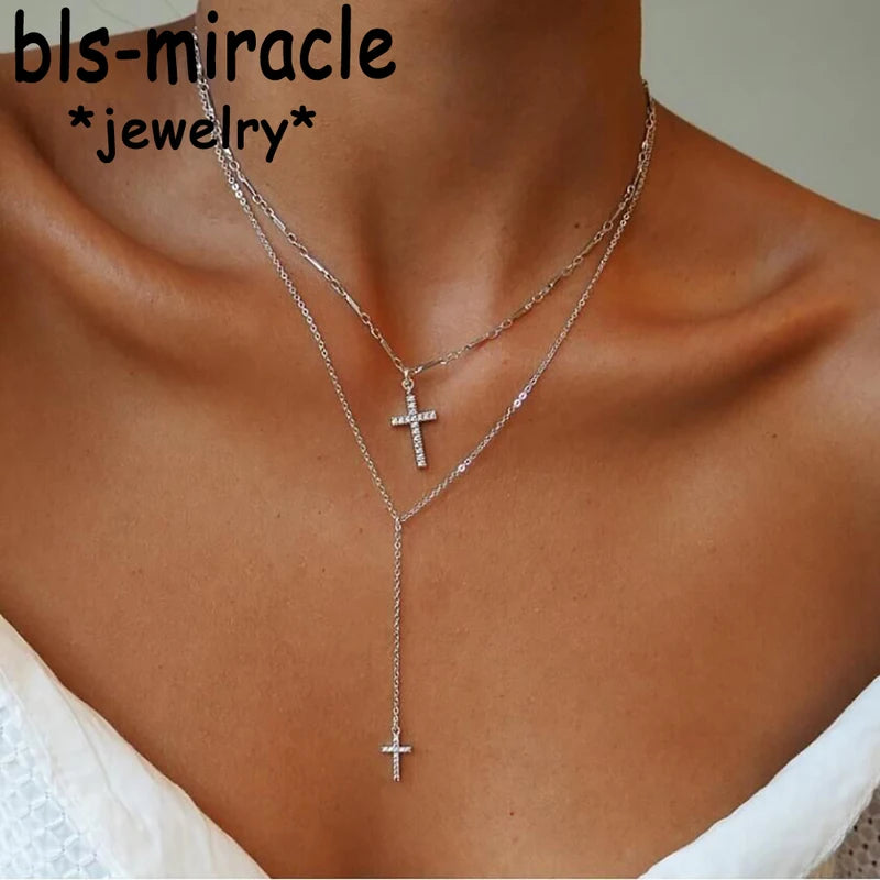 Gold-Plated Crystal Cross Necklace Pendant Double Layered Religious Jewelry