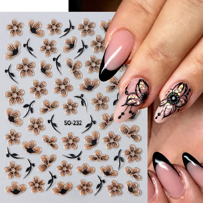 2 Pack Gold Black Glitter Flower Nail Decals - Watercolor Floral Stickers