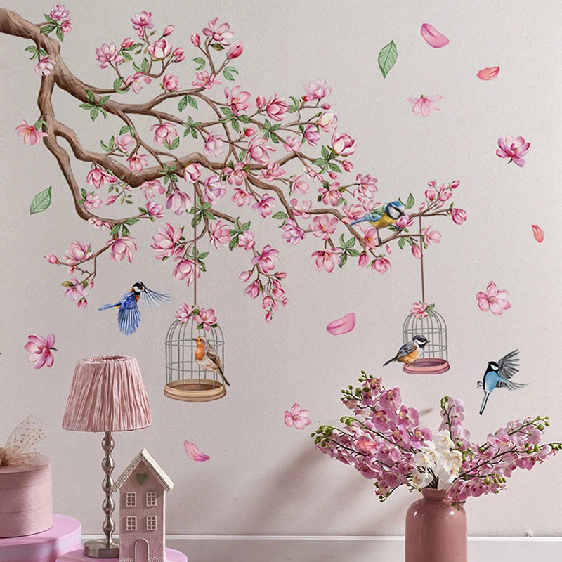 Pink Peach Blossom Bird Wall Decal - Self-Adhesive Art Sticker for Bedroom Living Room