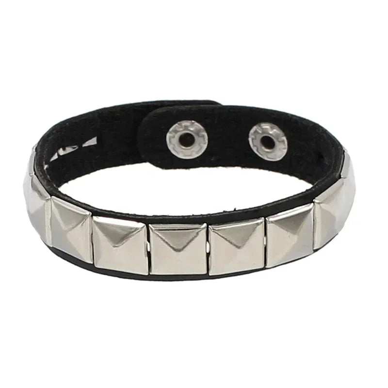 Men's Punk Leather Cuff Bracelet with Metal Rivets and Charms - Gothic Wristband