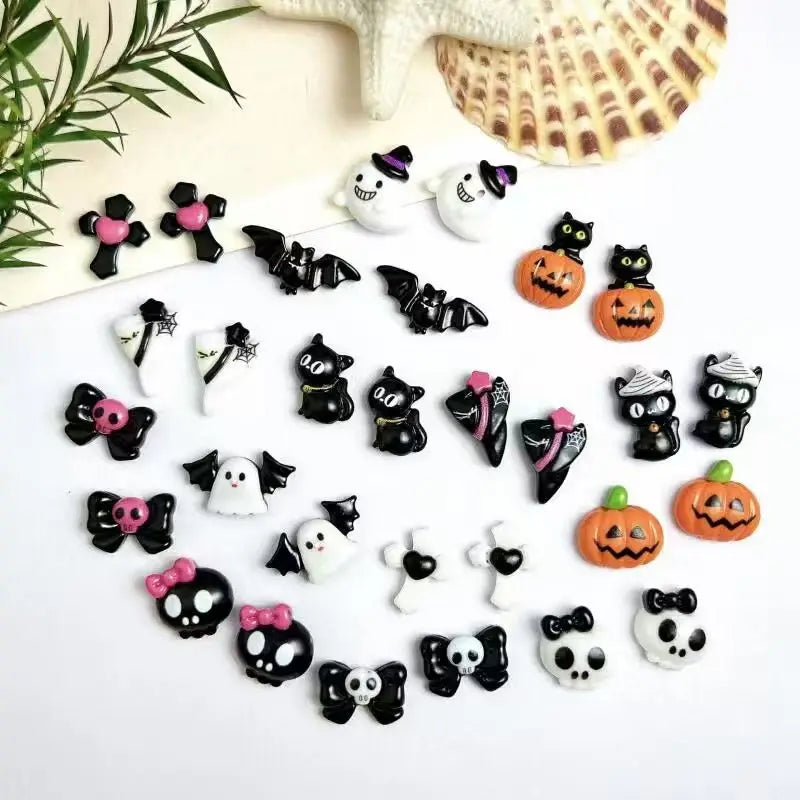 Halloween 3D Resin Nail Charms Set - Pumpkin Ghost Skull Bat Cat Decorations for Manicure