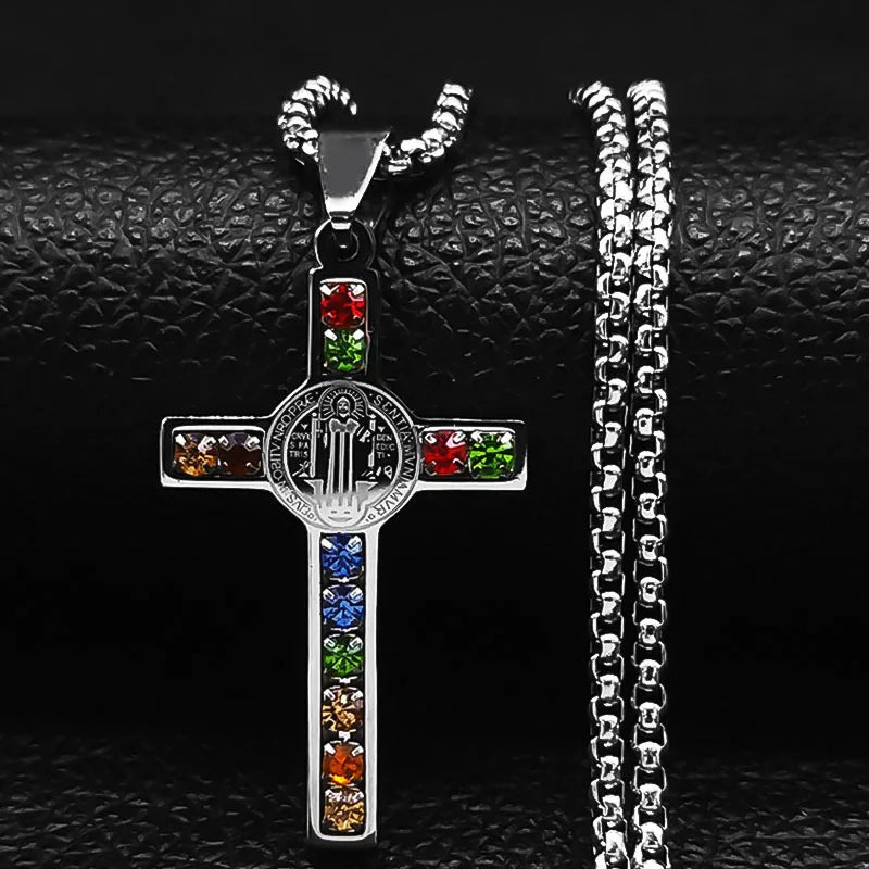 Catholic Jesus Cross Necklace Stainless Steel Pendant Saint Virgin Mary Jewelry