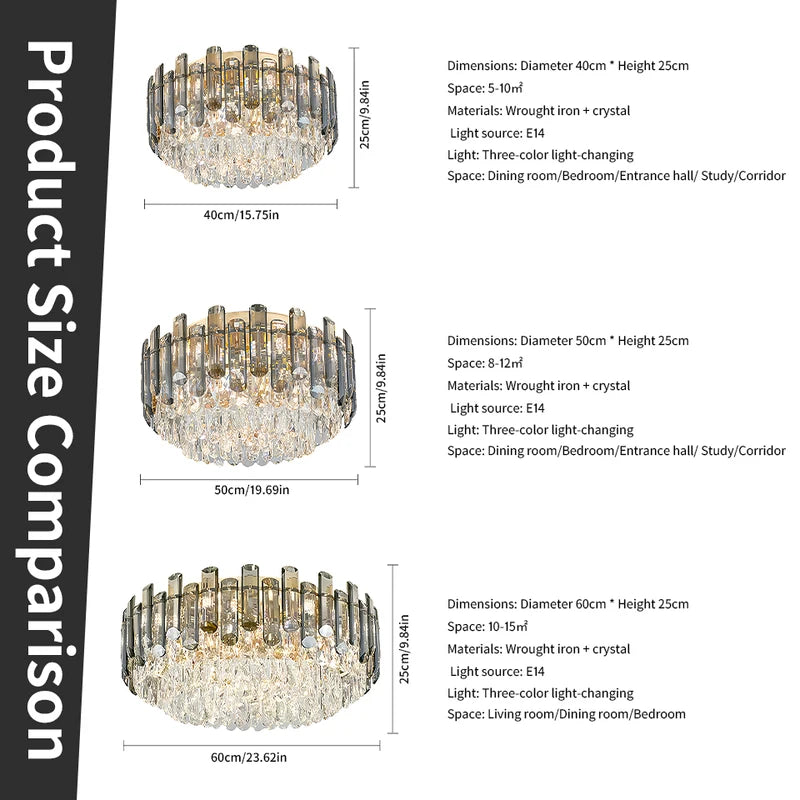 Smoked Gold Crystal Chandelier - Adjustable Round K9 Crystal Modern Lighting for Dining Living Bedroom Entryway