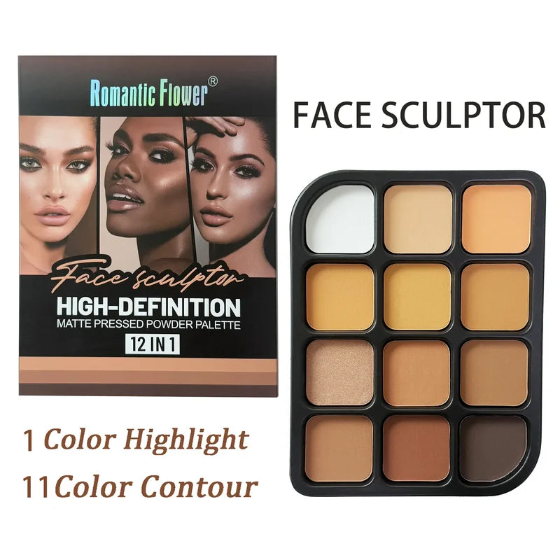 Deep Skin Matte Contour Palette - 12-Color Face Makeup Kit with Highlighter & Bronzer