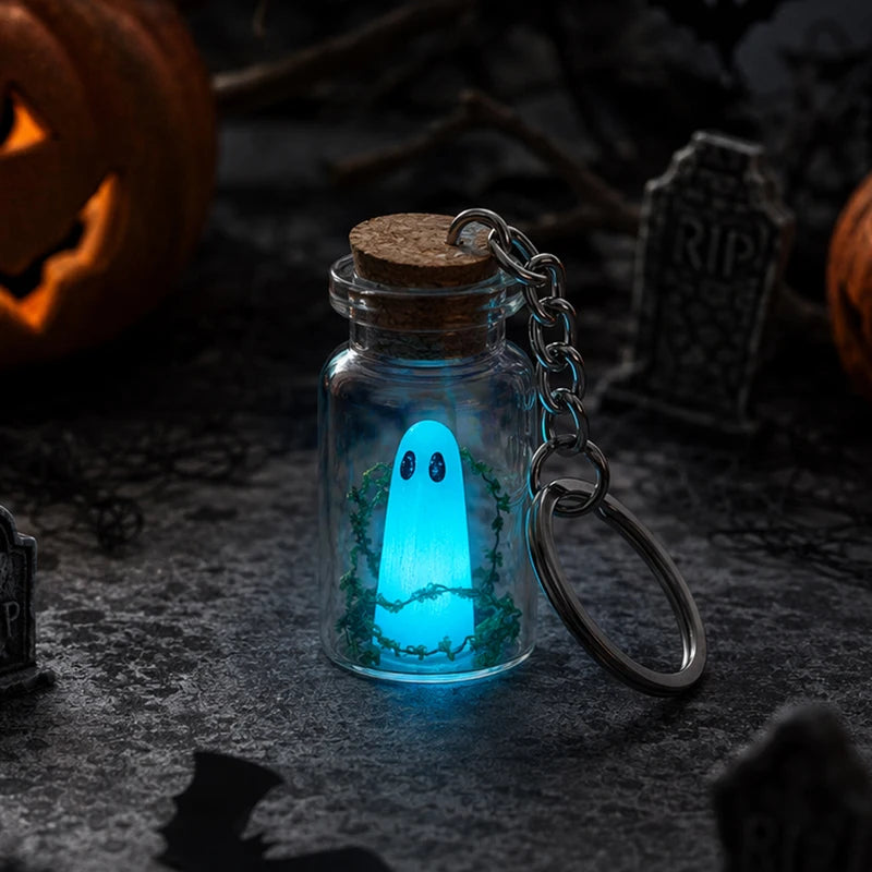 Glow-in-the-Dark Ghost Keychain with Glass Bottle Pendant - Halloween Jewelry Gift