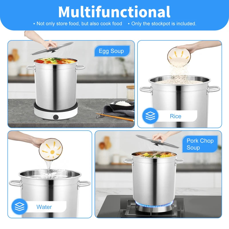 35L Stainless Steel Stock Pot with Lid & Handles - Multi-Functional Kitchen Cookware