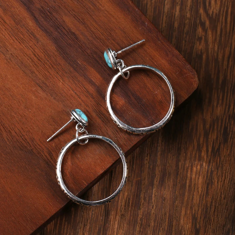 Vintage Metal Circle Earrings with Red Stone Bohemian Jewelry for Women