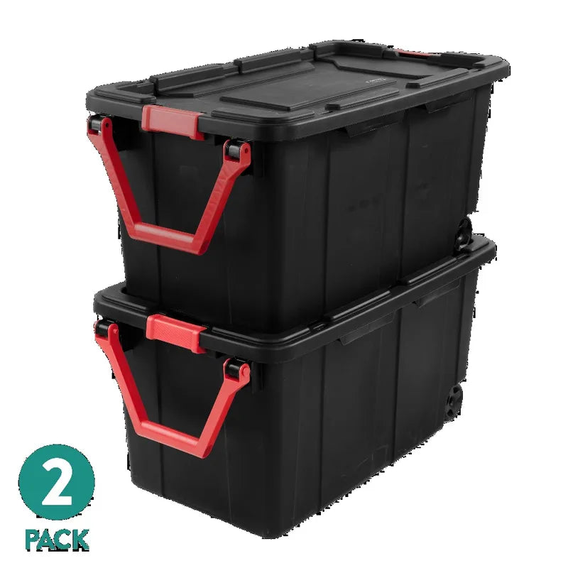 40 Gallon Wheeled Plastic Storage Bin - Heavy Duty Industrial Tote with Handle, Pack of 2