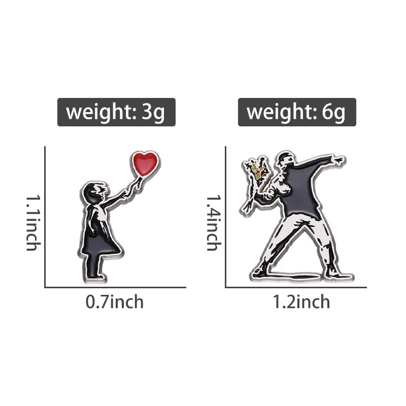 Banksy Art Design Brooch Enamel Pin with Flower Thrower & Girl Badge - Jewelry Gift