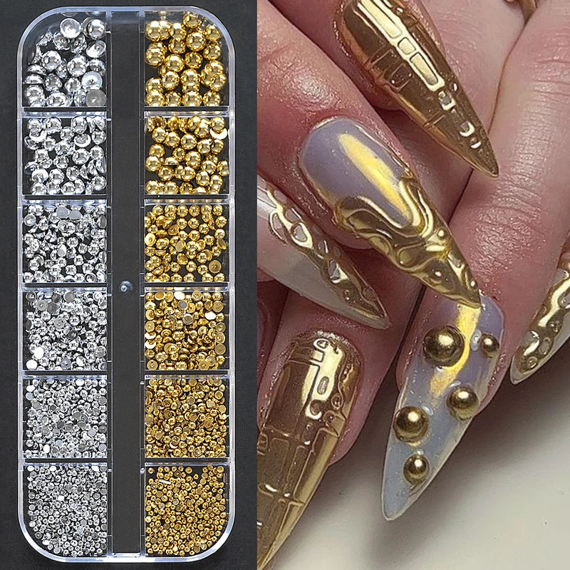 Half Round Flatback Nail Rhinestones & Pearls - Multi-Size Gold & Silver Embellishments