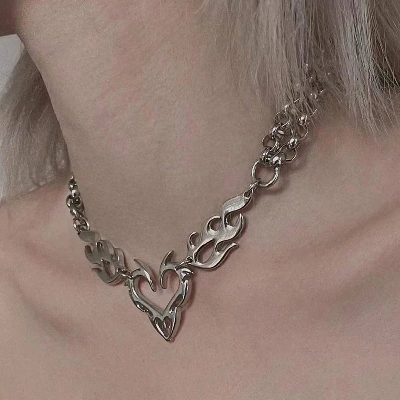Y2K Punk Silver Hollow Flame Heart Pendant Jewelry for Women