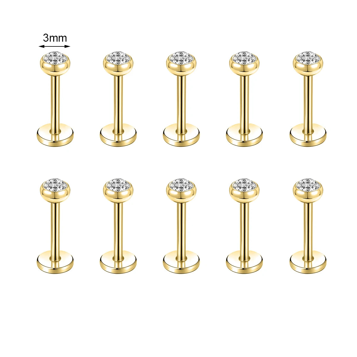 10 Pcs Stainless Steel Lip Piercing Set with CZ Crystals, 6/8/10MM - Men & Women