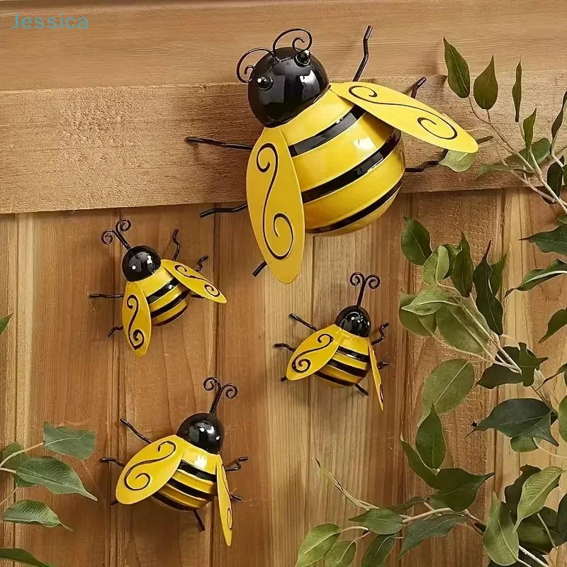 4Pcs Wrought Iron Bee Wall Decor Set Garden Balcony Courtyard Art