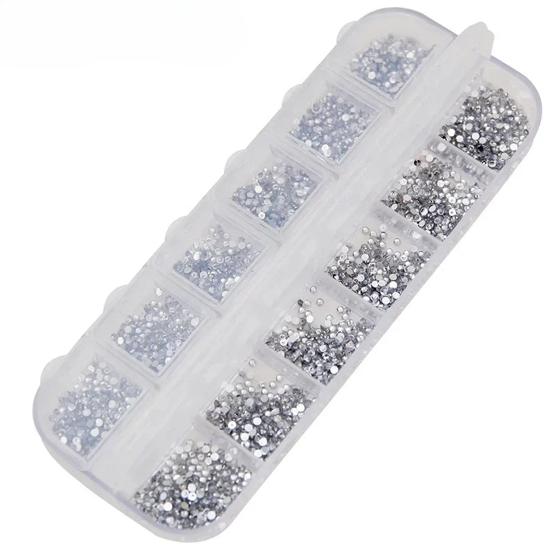 2000Pcs 2mm Clear Silver Flatback Rhinestones Nail Art Gems with Storage Box