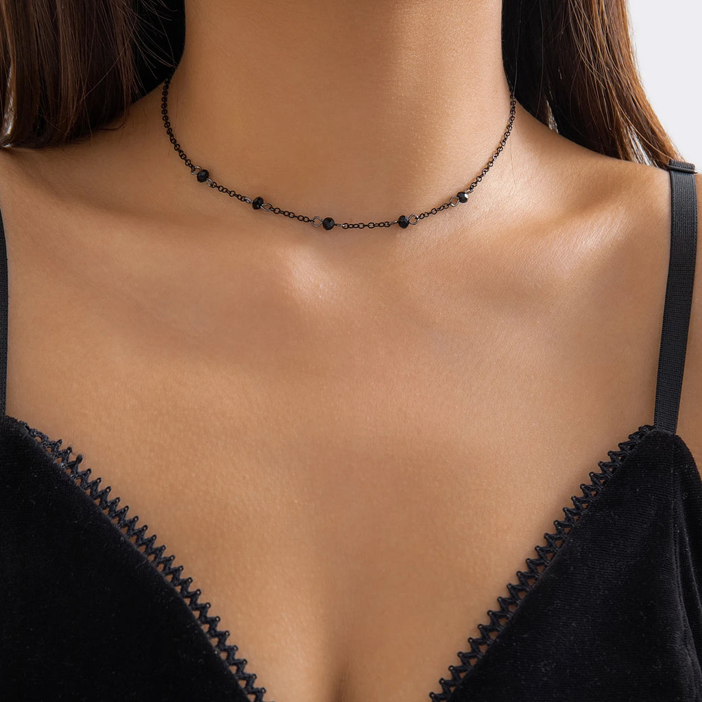 Minimalist Crystal Beads Necklace for Women Black Link Chain Choker Jewelry