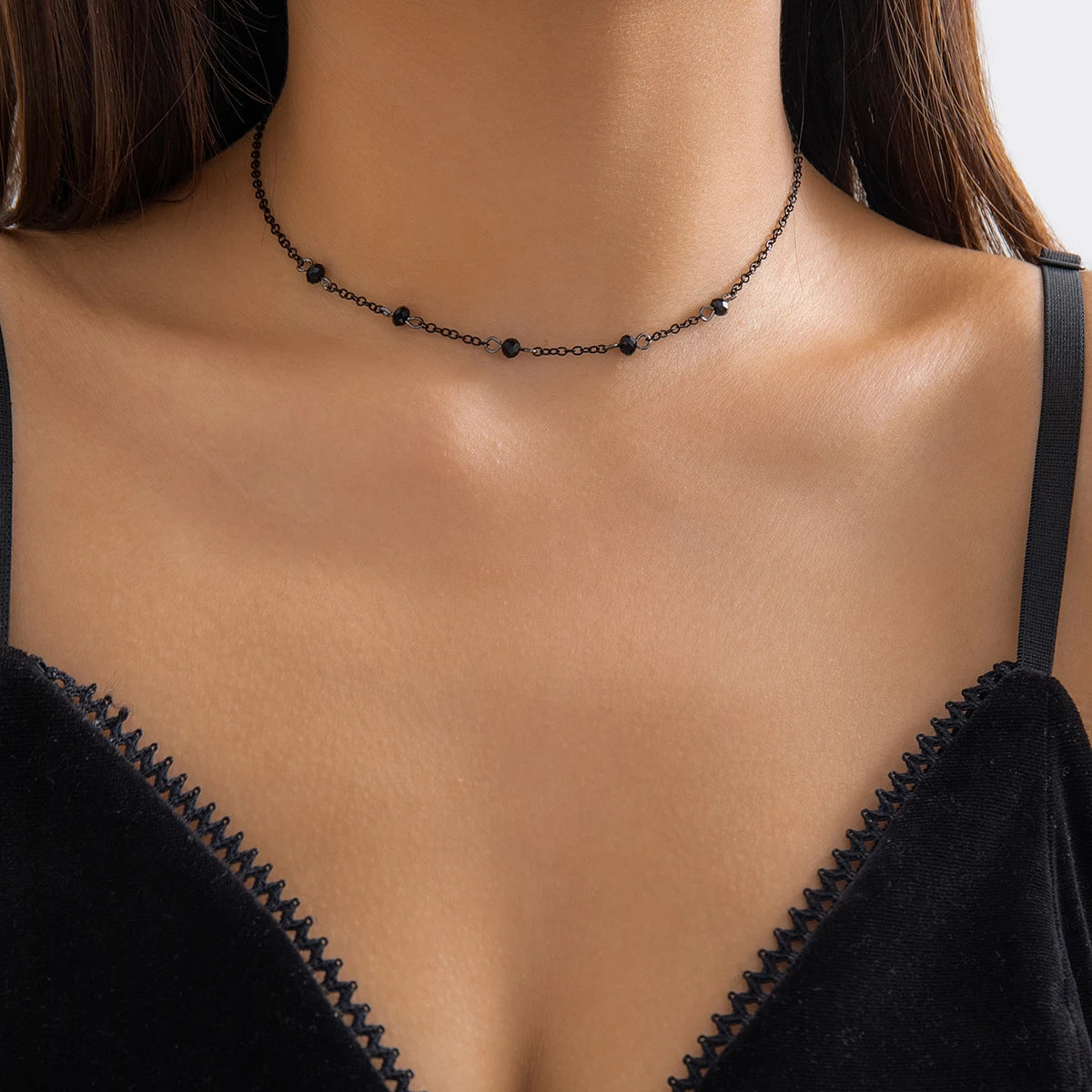 Minimalist Crystal Beads Necklace for Women Black Link Chain Choker Jewelry