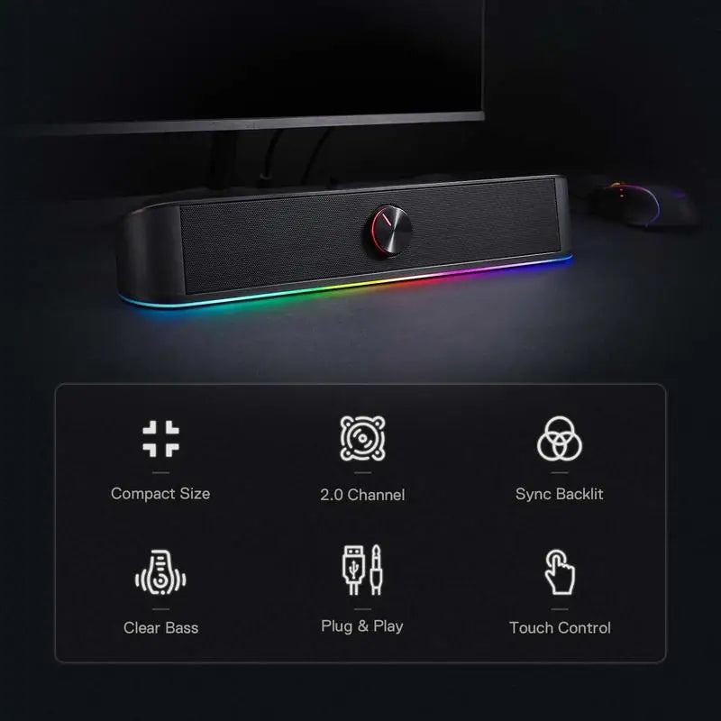 RGB USB Desktop Soundbar with Dynamic Lighting, 2.0 Channel Computer Speaker