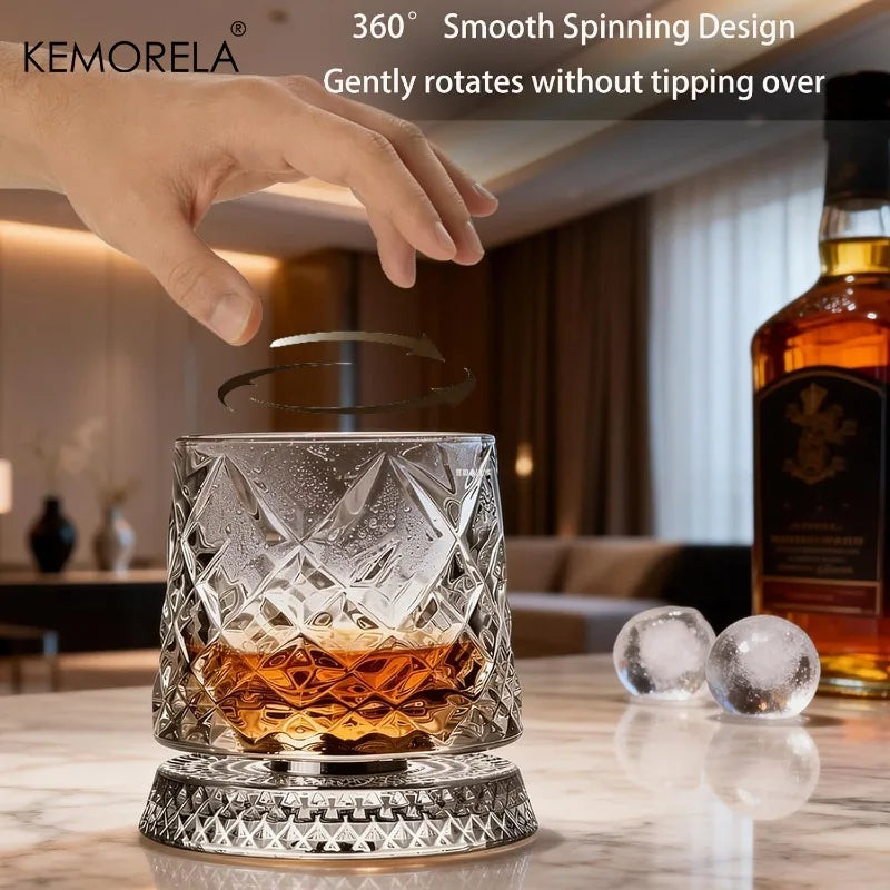 Rotating Whiskey Glass 360 Degree Crystal Beer Glass Thick Base for Bourbon Scotch
