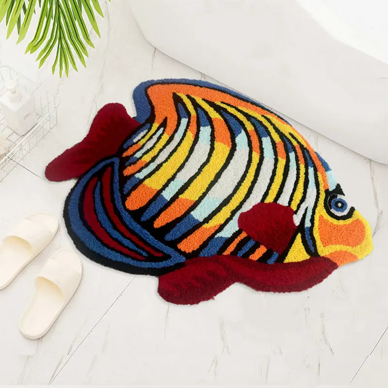 Multicolour Fish Shape Rug - 80x60cm Plush Non-Slip Floor Mat for Living Room Bedroom Bathroom