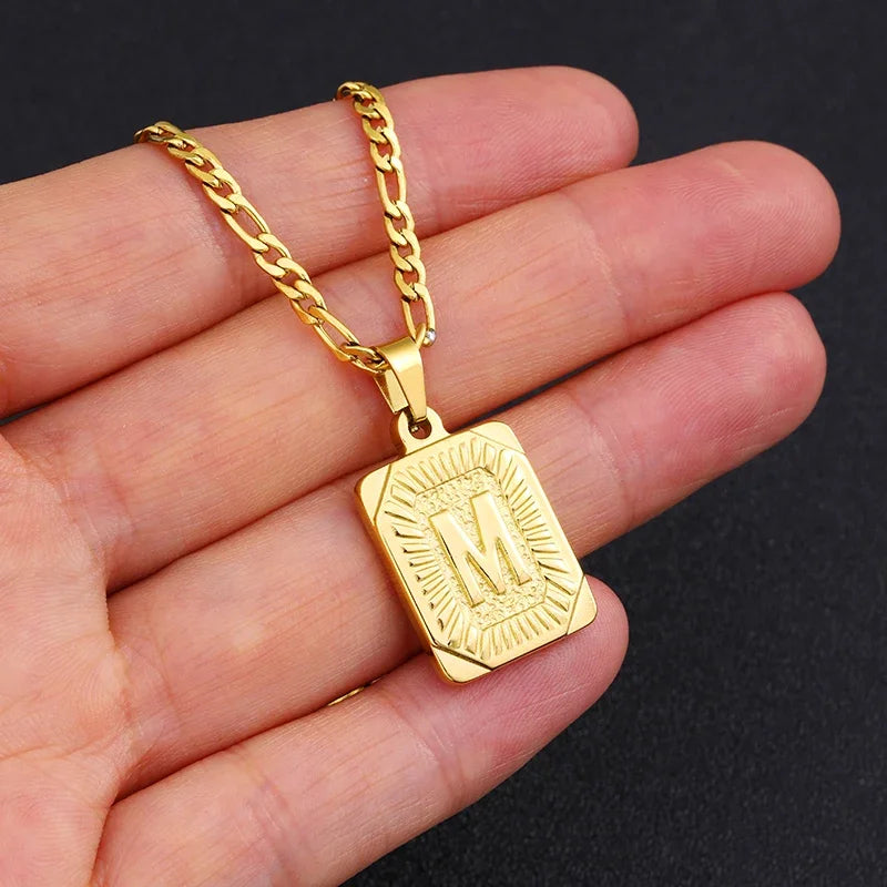 Initial Pendant Necklace for Women & Men Stainless Steel Cuba Link Letter Charm