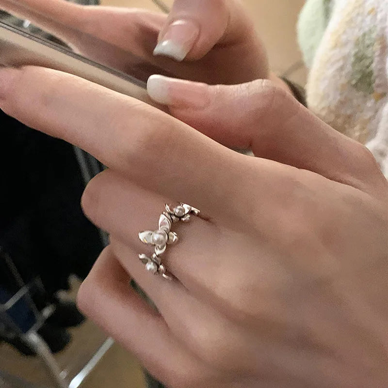 Adjustable Flower Pearl Silver Ring for Women - Elegant Jewelry Gift