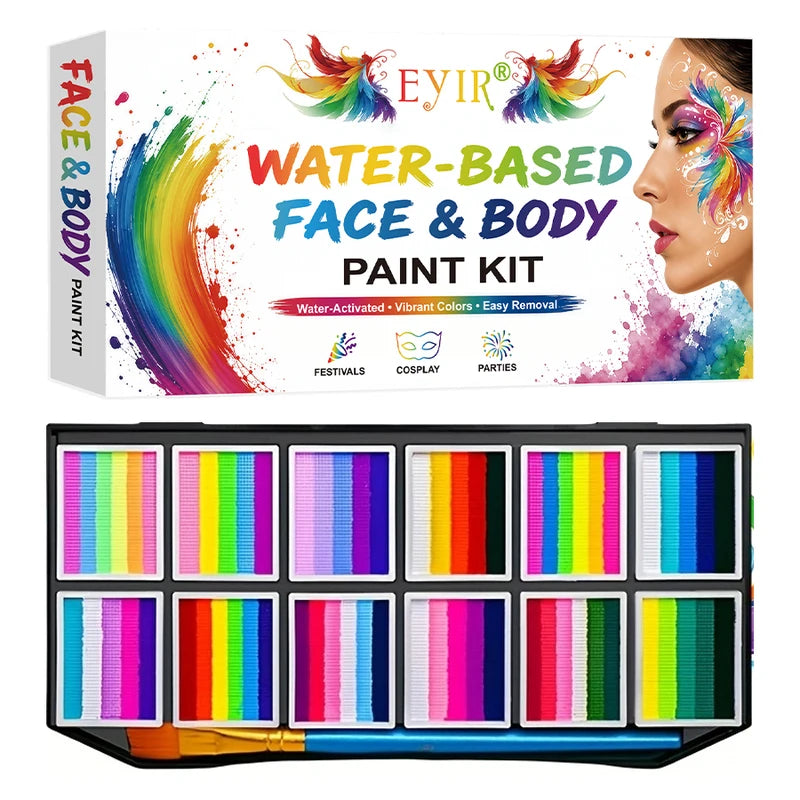 Rainbow Face & Body Paint Palette - Water Activated Makeup Kit for Halloween Cosplay Festival