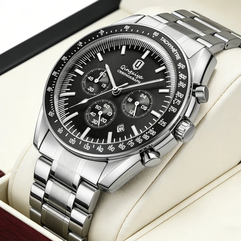 Men's Waterproof Quartz Watch with Luminous Dial and Stainless Steel Band