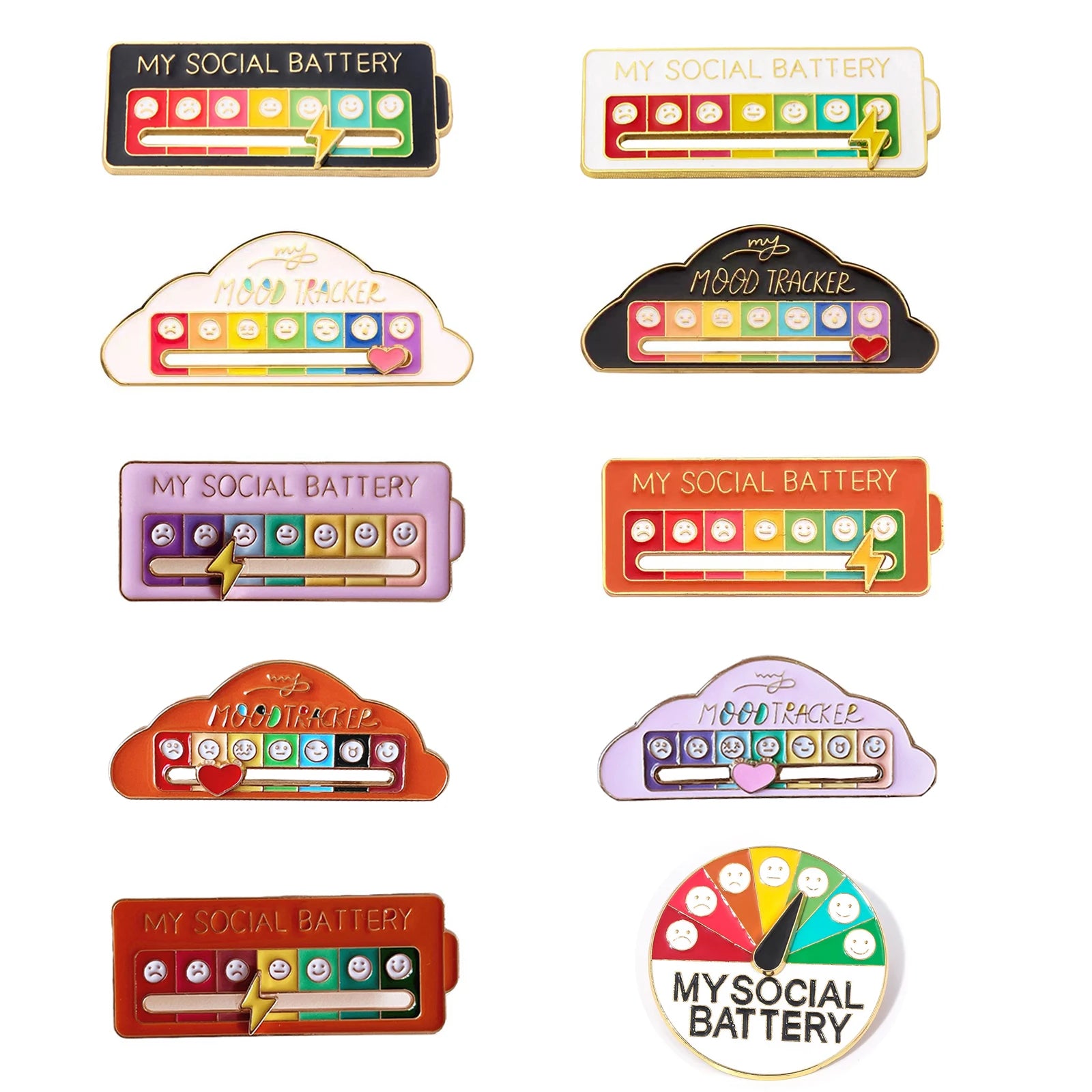 10-Pack Social Battery Badge Pins Mood Expression Brooches for Women & Men