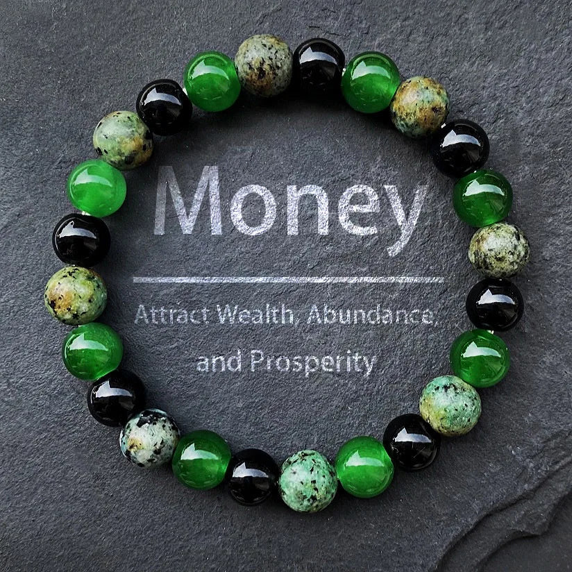 Green Beaded Bracelet 8mm Handmade Elastic Rope Jewelry Gift