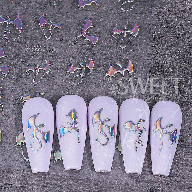 3pcs Metallic Flying Dragon Nail Stickers Halloween Nail Art Decals Gold Silver