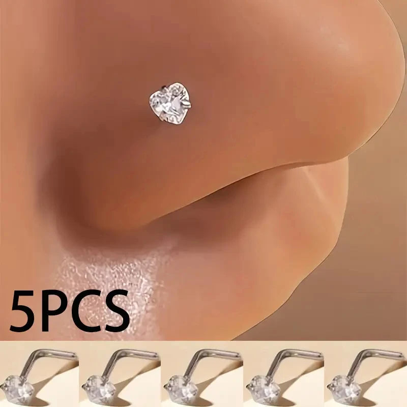 Titanium Steel Heart Nose Stud with Zirconia - Body Jewelry